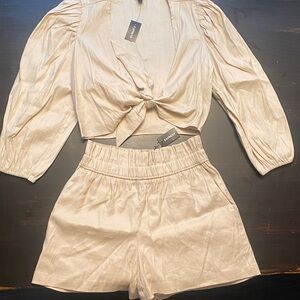 Express outfit- High Waist Shorts and tie knot long sleeve top in Beige
